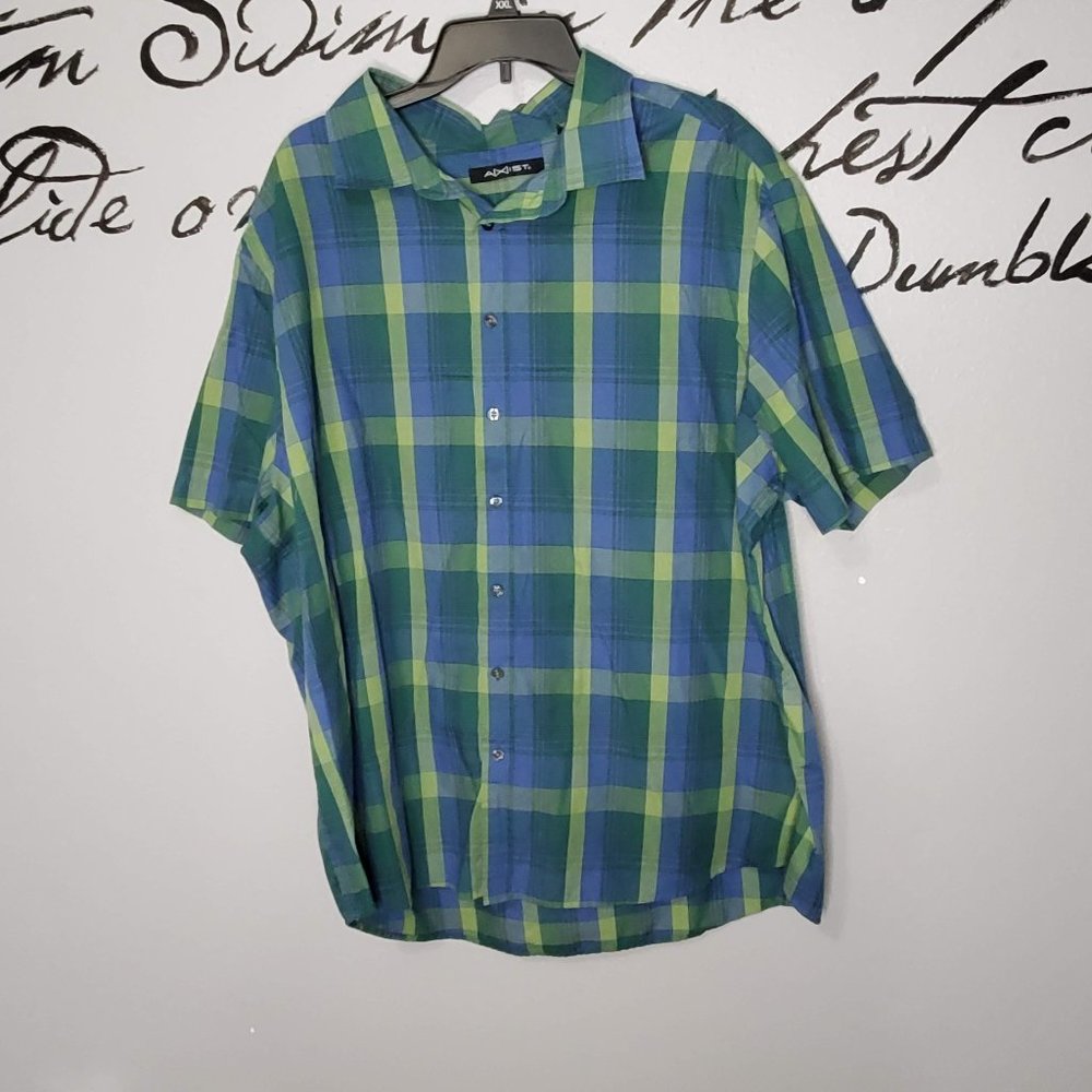 Axist Woven Mens Short Sleeve Blue & Green Plaid Button-Down Shirt, 2X